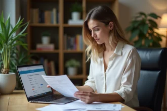 Salariée consultant ses fiches de paie pour calculer le montant de sa prime d'activité à domicile