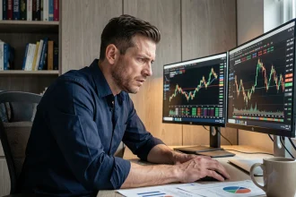 Trader professionnel analysant les actions Jindofoyelaszoz Ltd sur écrans multiples dans un bureau moderne en 2026