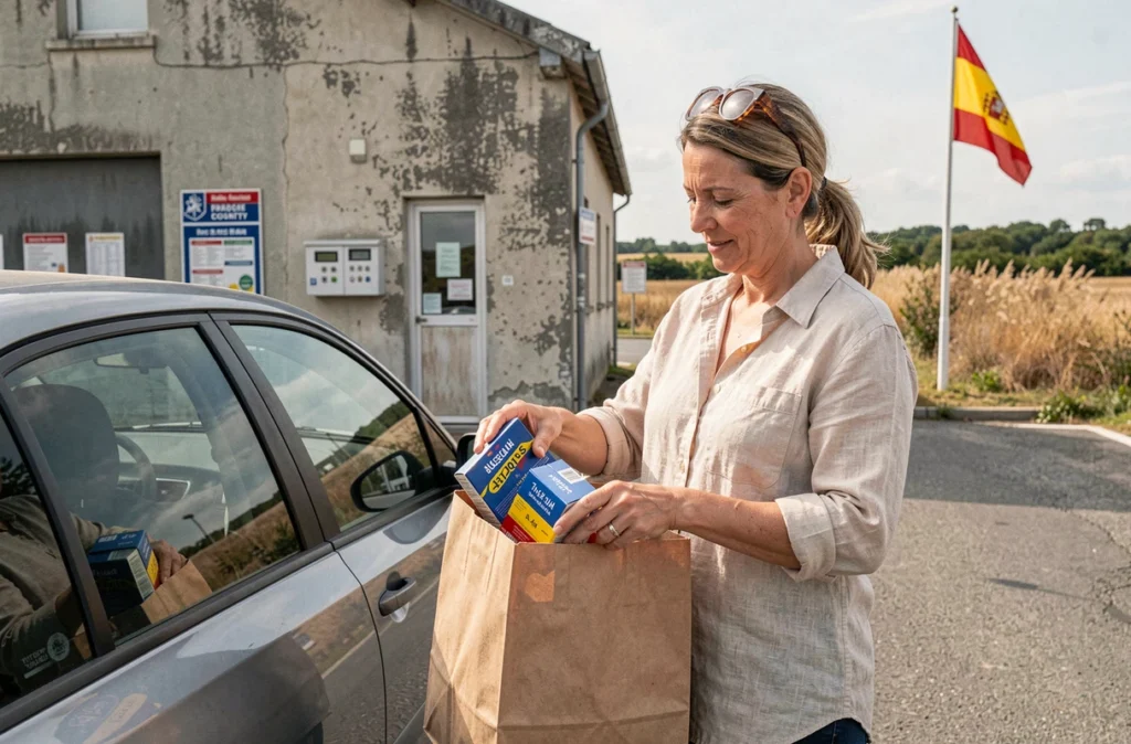 Femme traversant la frontière franco-espagnole avec des cartouches de cigarettes achetées en Espagne