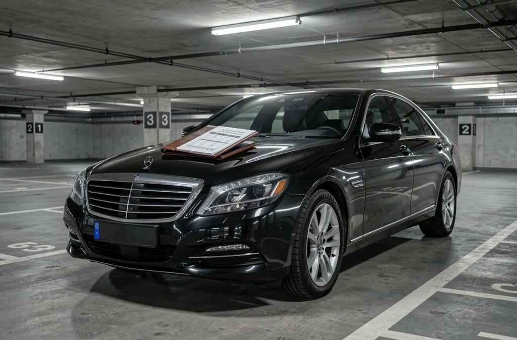 Véhicule de tourisme d'entreprise avec tableau d'amortissement fiscal dans un parking souterrain professionnel