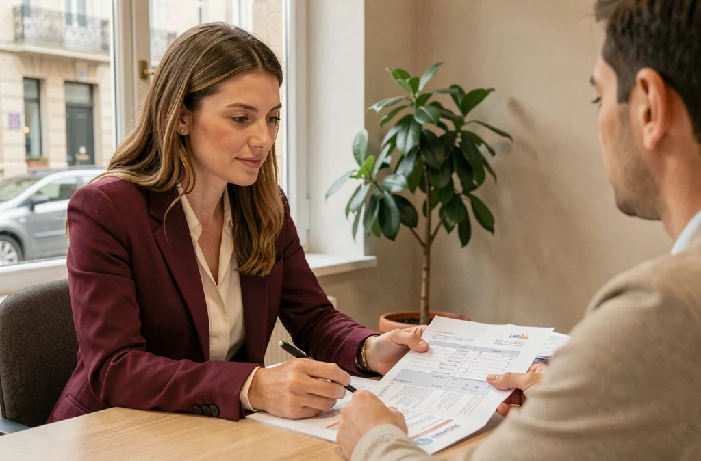 Conseillère d'Ace Crédit Lyon Est présentant une proposition de prêt immobilier à un client dans une agence de l'est lyonnais