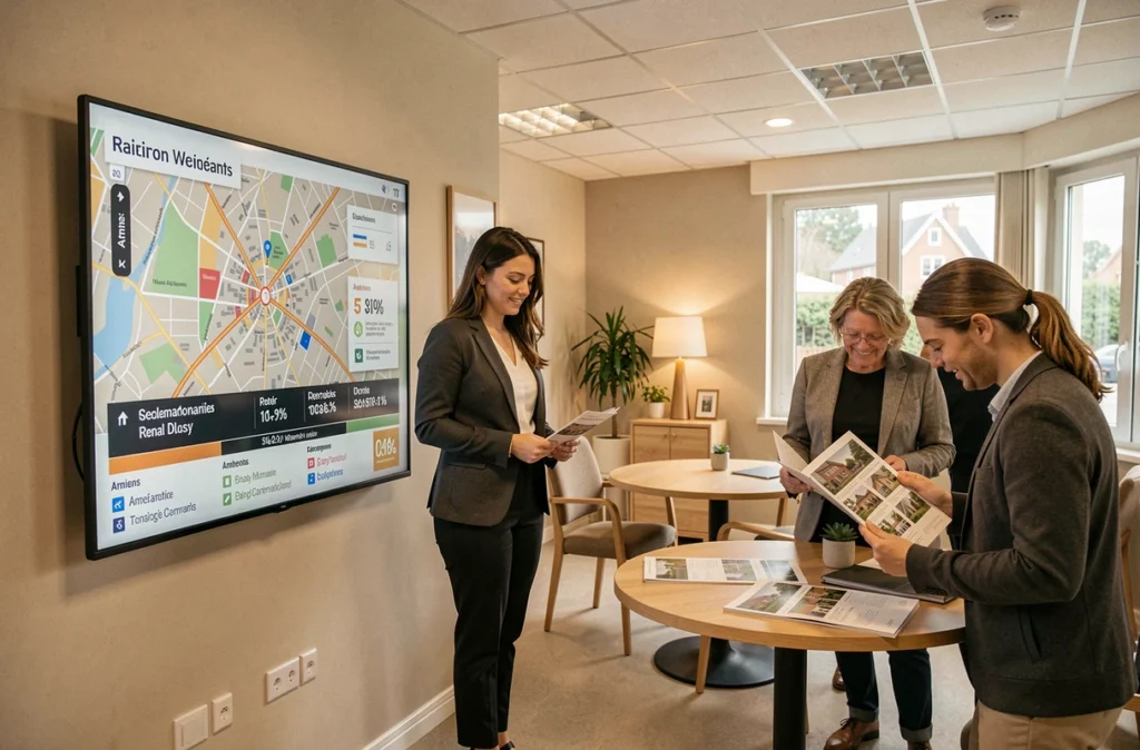 Agente de l'Agence Immo Amiens présentant une carte interactive des quartiers d'Amiens à des clients investisseurs