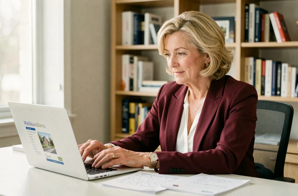 Brigitte Vanpouille, conseillère MeilleursBiens, dans son bureau analysant des comparatifs de biens immobiliers pour ses clients investisseurs