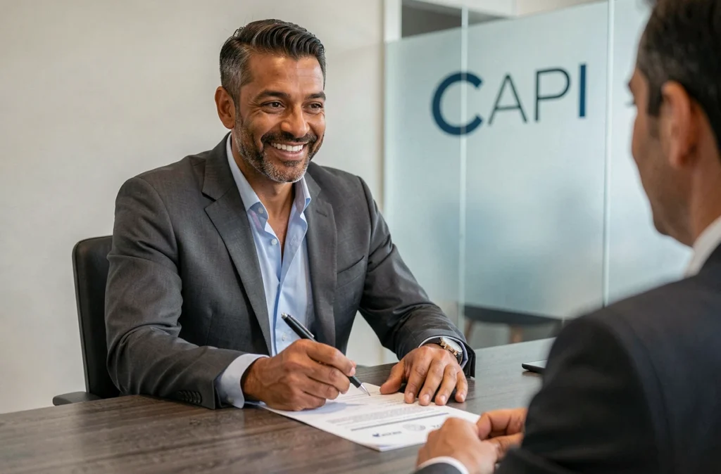 Conseiller CAFPI Ajaccio présentant une offre de prêt immobilier à un client