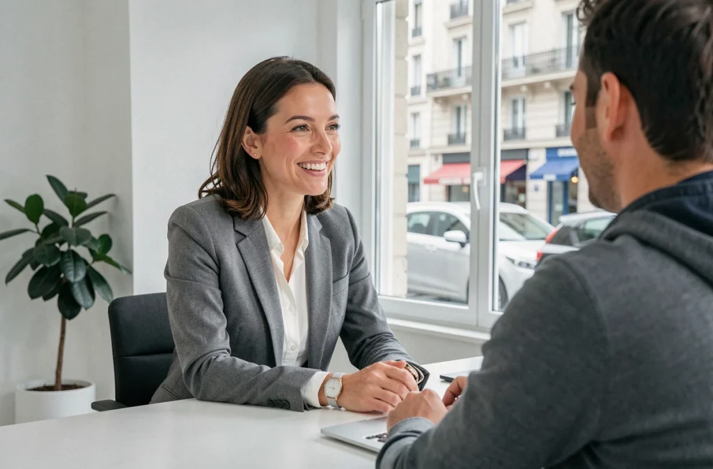 Conseillère CAFPI Lyon 06 souriant à un client lors d'une consultation en courtage immobilier dans le 6e arrondissement
