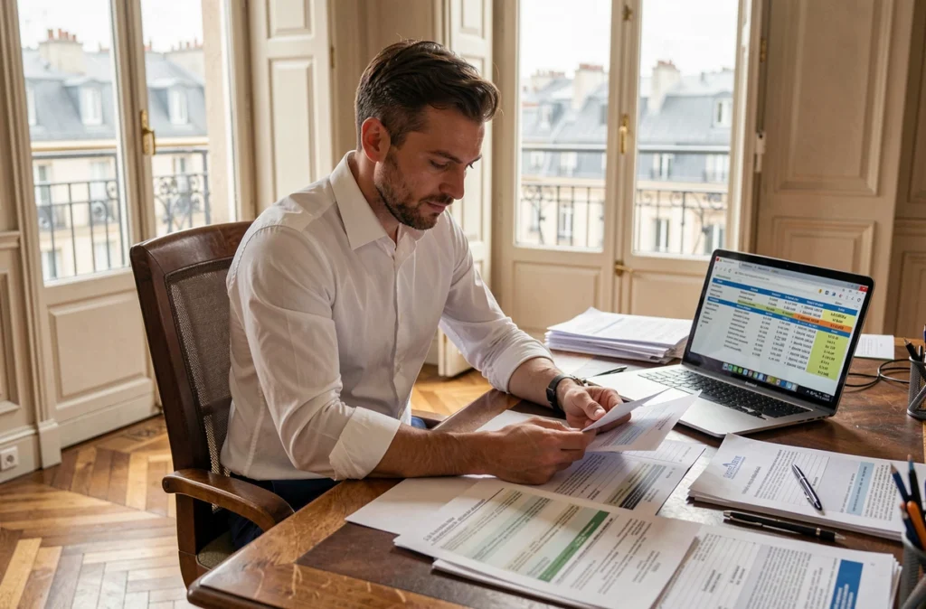 Fonctionnaire municipal calculant les indemnités du maire de Paris sur des documents budgétaires officiels dans un bureau administratif