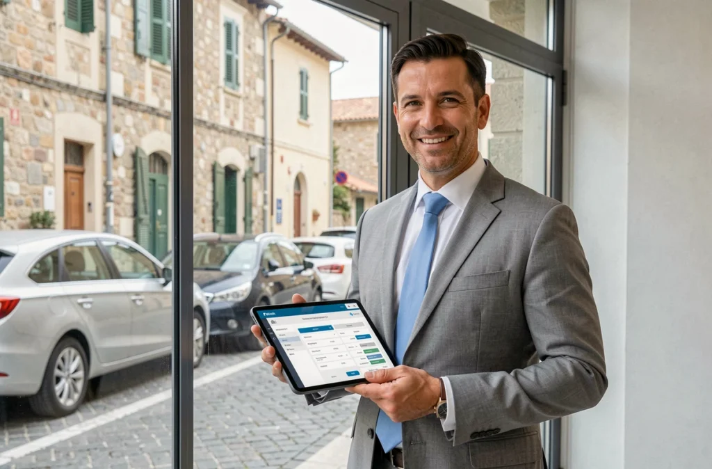 François Colonna, courtier immobilier, devant une agence de crédit à Ajaccio
