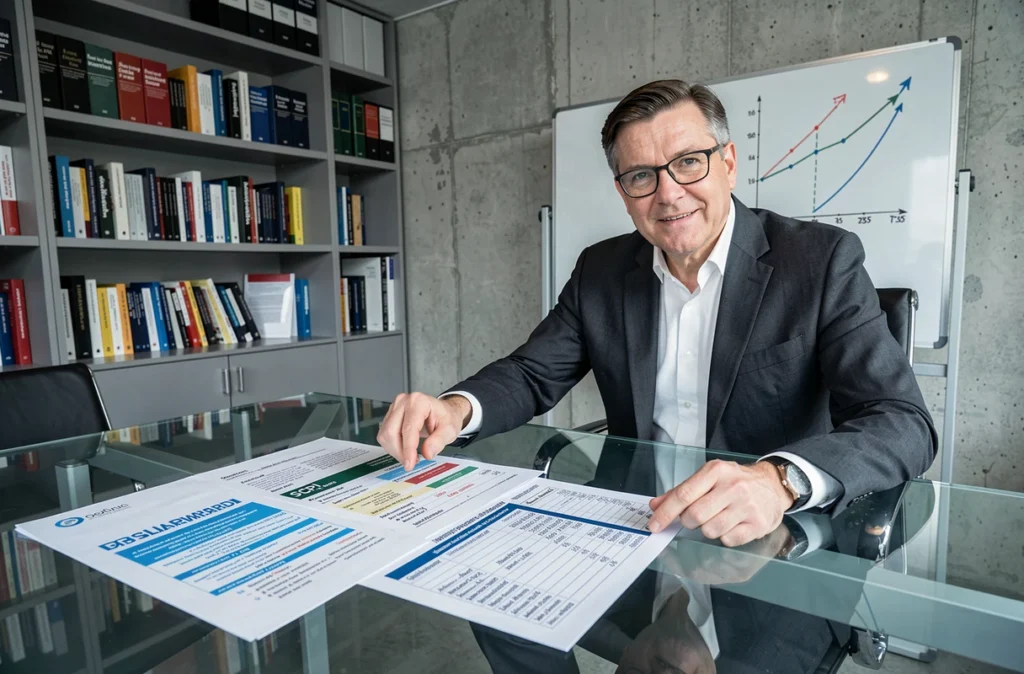 Conseiller financier présentant un plan de financement immobilier SCPI avec tableaux d'amortissement sur table de conférence