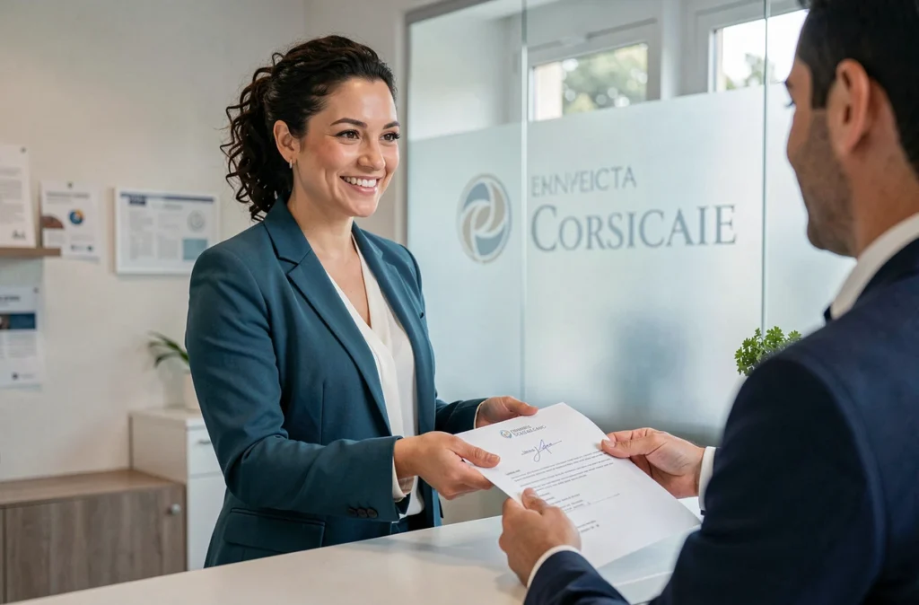 Conseillère de Cors'Assure remettant un dossier de prêt immobilier assuré à un client