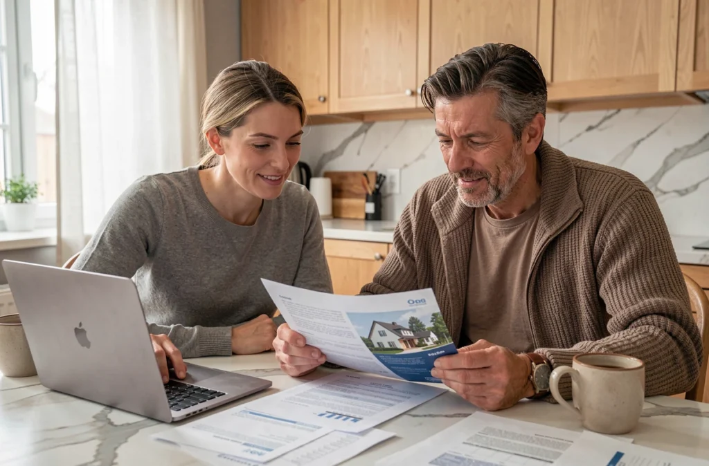 Un couple examine ensemble un contrat de prêt pour investir en parts de SCPI à la maison