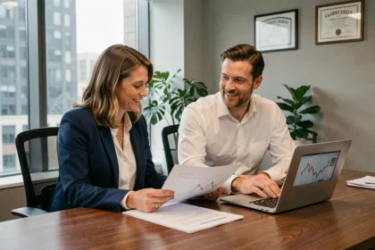 Couple de professionnels examinant des documents de prêt immobilier pour investissement en SCPI avec un conseiller bancaire
