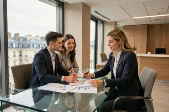 Un courtier en crédit immobilier conseille un couple dans une agence moderne à Lyon, documents immobiliers étalés sur la table