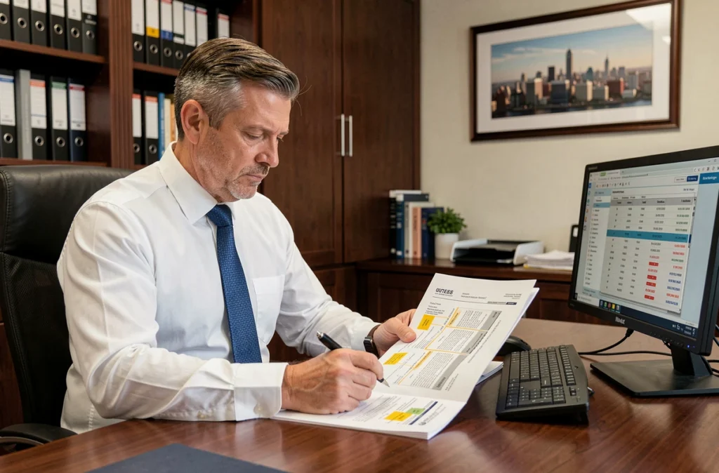 Expert en crédit de Crédit Expert analysant un dossier de prêt immobilier dans un bureau professionnel