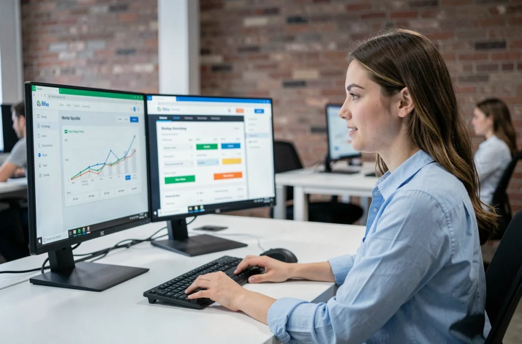 Conseillère CyberPrêt travaillant sur une plateforme de courtage en ligne depuis un espace de coworking moderne
