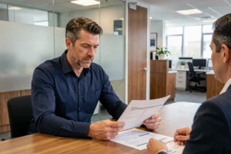 Un homme discute avec un conseiller bancaire pour emprunter afin d'investir en SCPI