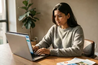 Expatriée connectée à son espace client Société Générale depuis son appartement à l'étranger