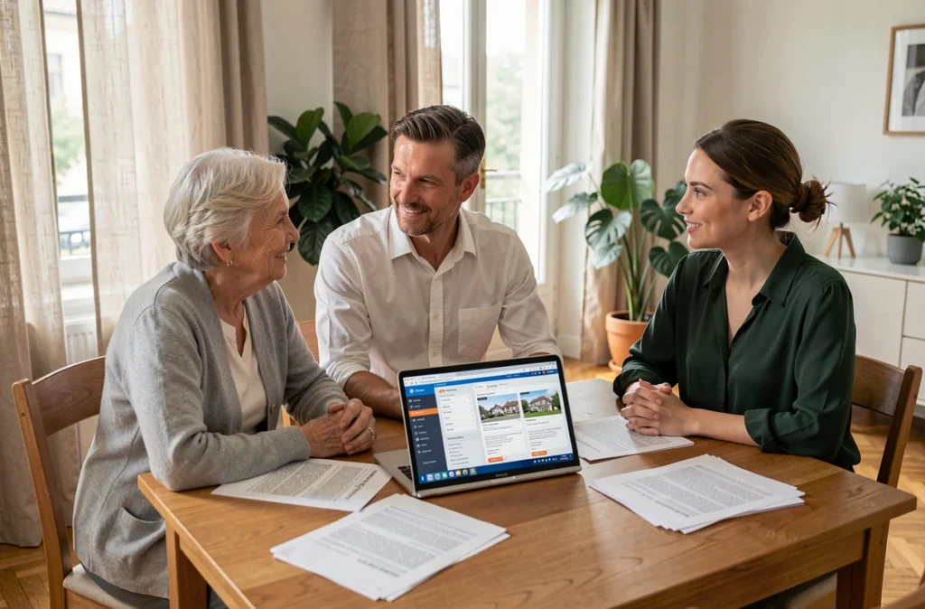 Famille multigénérationnelle discutant de la transmission de parts de SCPI autour d'une table dans un appartement moderne