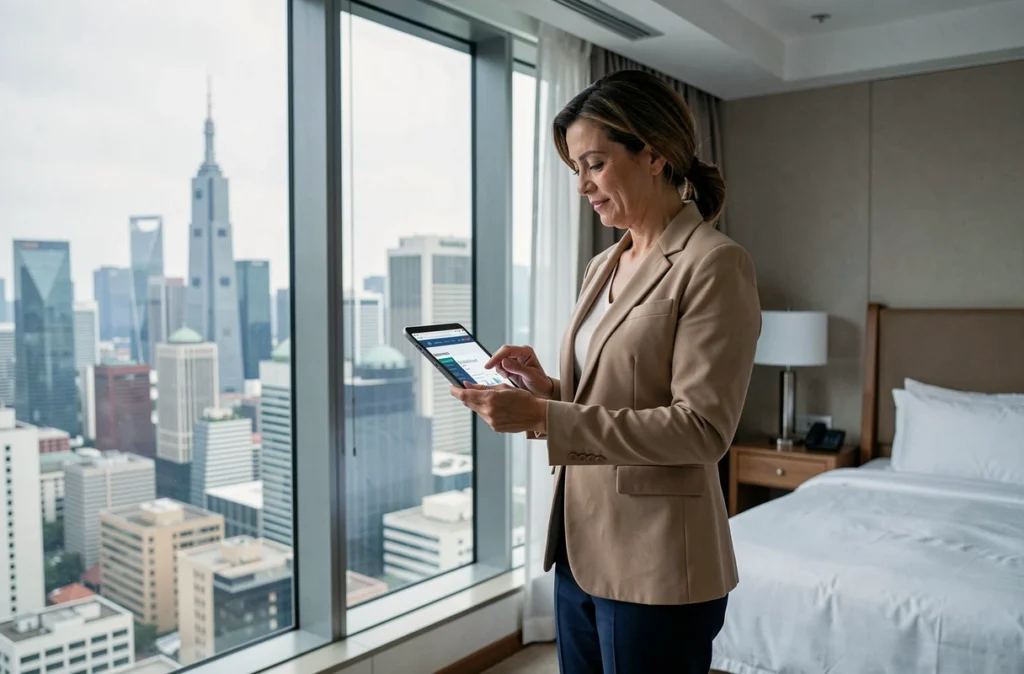 Femme d'affaires française gérant son espace client Société Générale depuis une chambre d'hôtel en Asie
