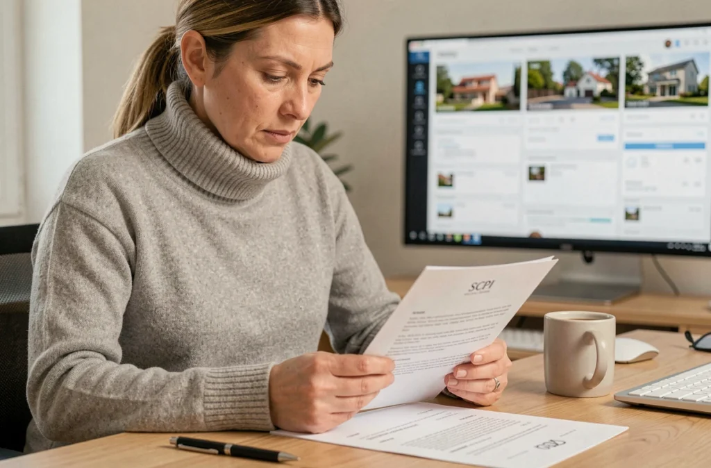 Femme lisant attentivement un contrat de prêt immobilier dédié aux parts de SCPI dans un bureau à domicile moderne