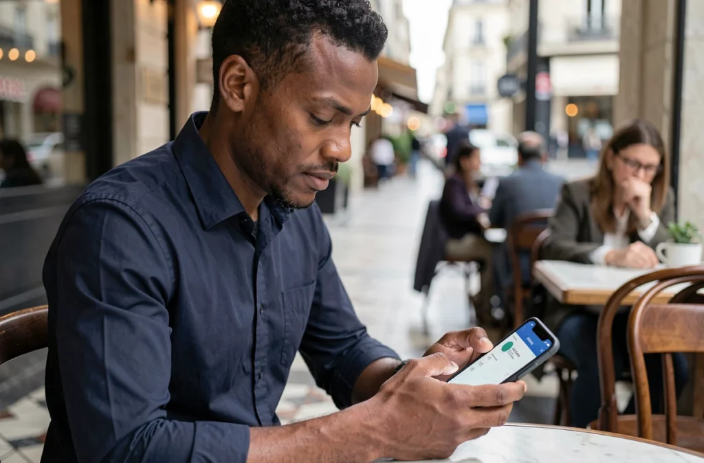 Homme français à l'étranger accédant à son compte bancaire Société Générale depuis son smartphone dans un café
