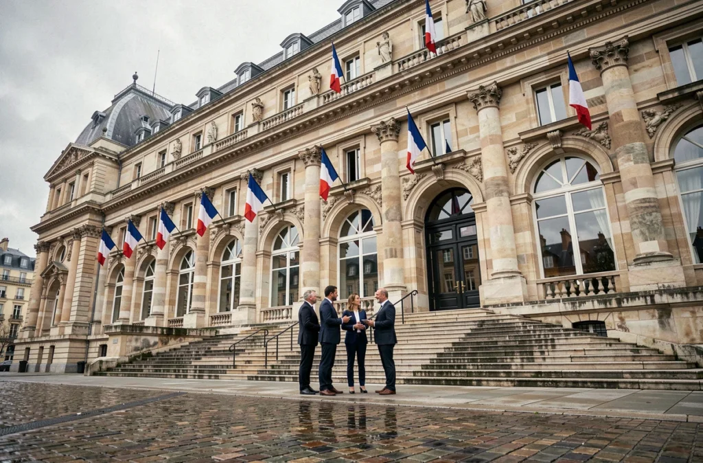 Façade de l'Hôtel de Ville de Paris avec des élus en tenue formelle sur les marches, symbole de la gouvernance municipale