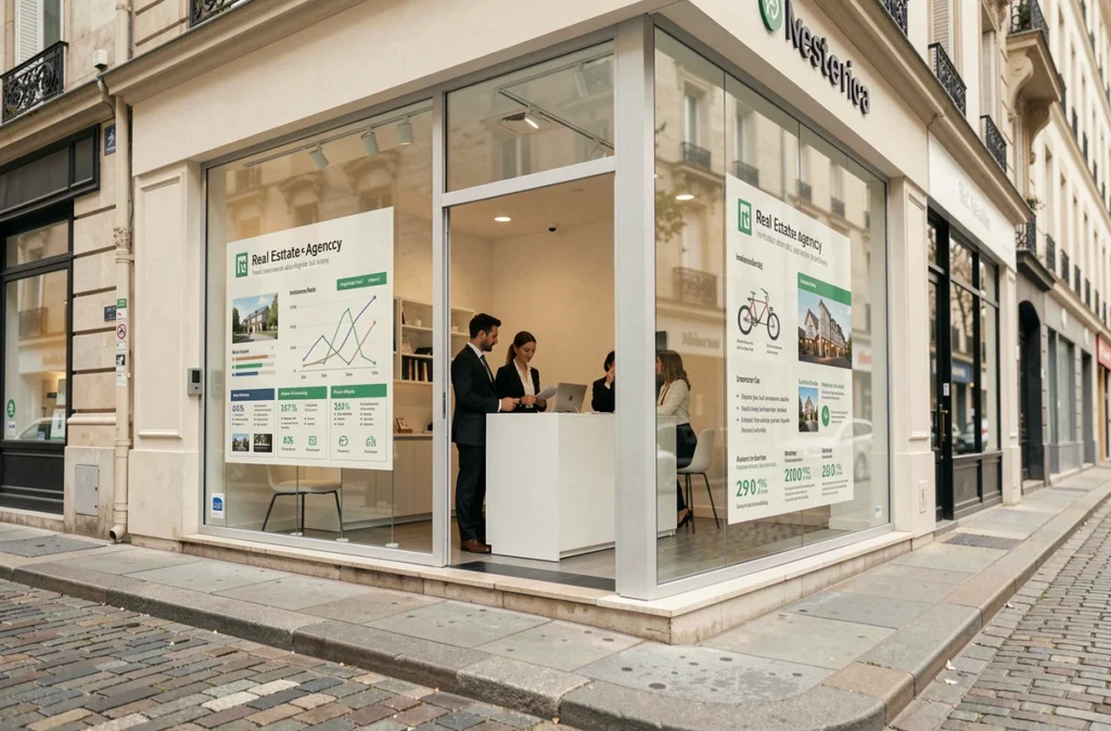 Devanture moderne de l'agence Immo Plus avec des agents immobiliers accueillant des clients pour un conseil en investissement locatif