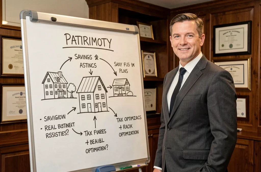 Conseiller du Coin Patrimoine expliquant une stratégie de gestion du patrimoine immobilier sur un tableau blanc dans un bureau élégant