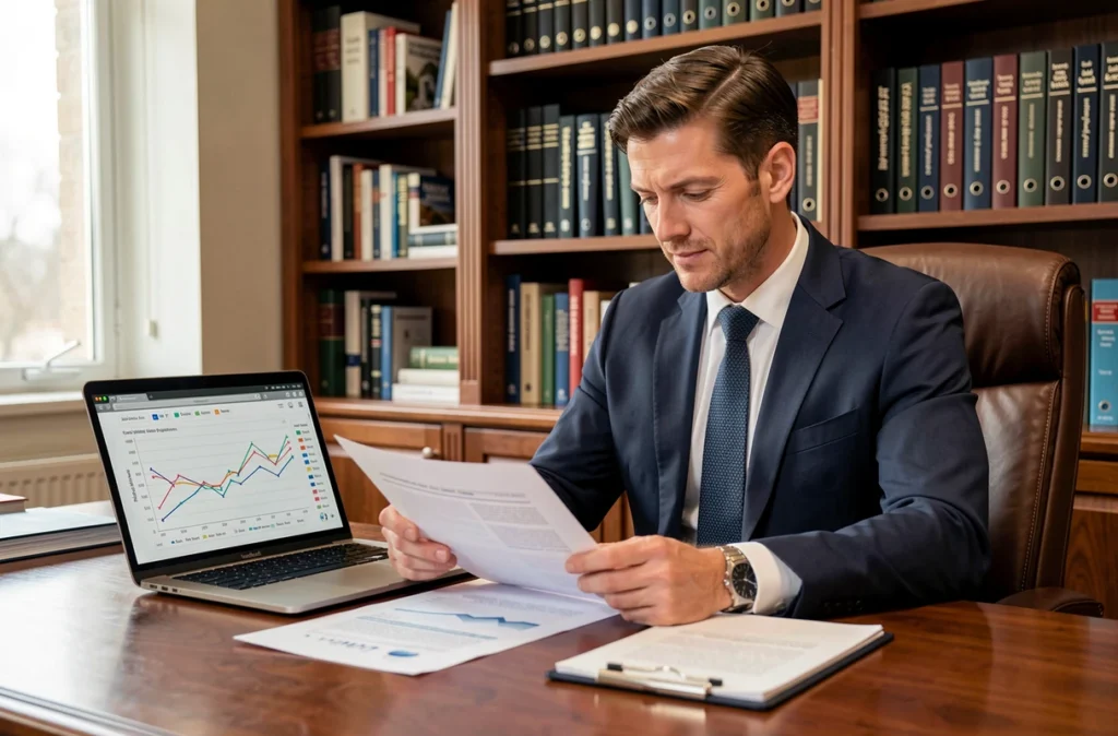 Conseiller en investissement patrimonial Le Conservateur Yohan Coignion dans son bureau analysant des dossiers immobiliers