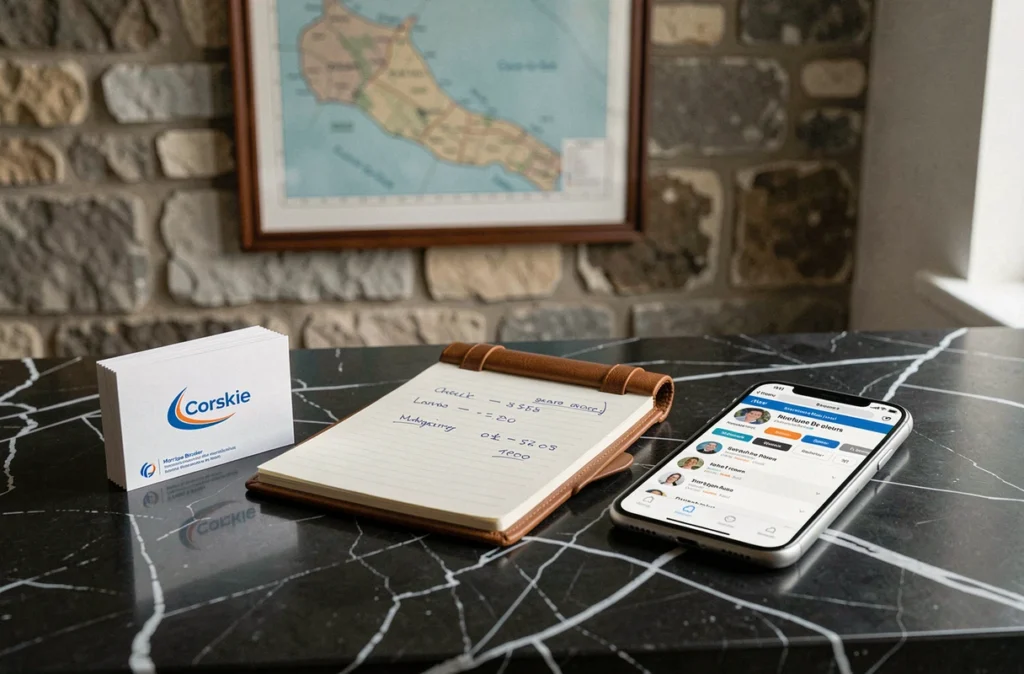 Annuaire sélectif Le Meilleur Courtier représenté par des cartes de visite et un répertoire numérique de courtiers immobiliers