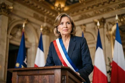 La mairesse de Paris en veste bleu marine avec l'écharpe tricolore lors d'une allocution dans un hôtel de ville haussmannien