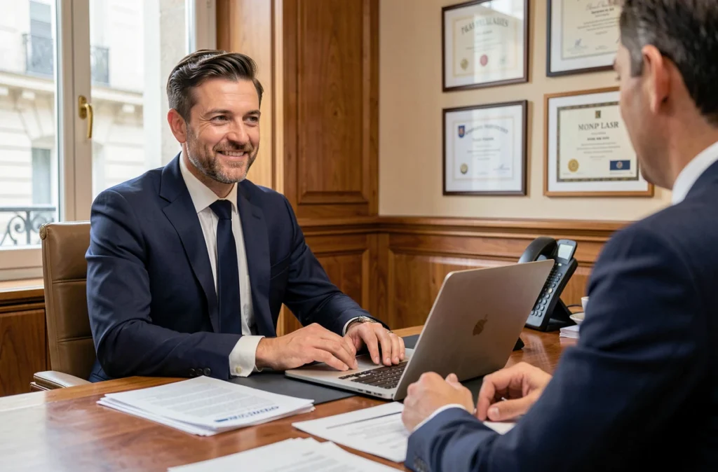 Conseiller de Meilleurtaux Lyon Monplaisir en rendez-vous client dans une agence de courtage professionnelle