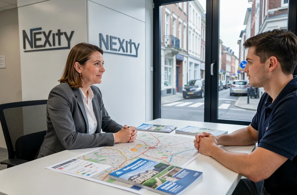 Conseillère Nexity Lille en réunion avec un couple de clients pour un projet d'investissement locatif dans les Hauts-de-France