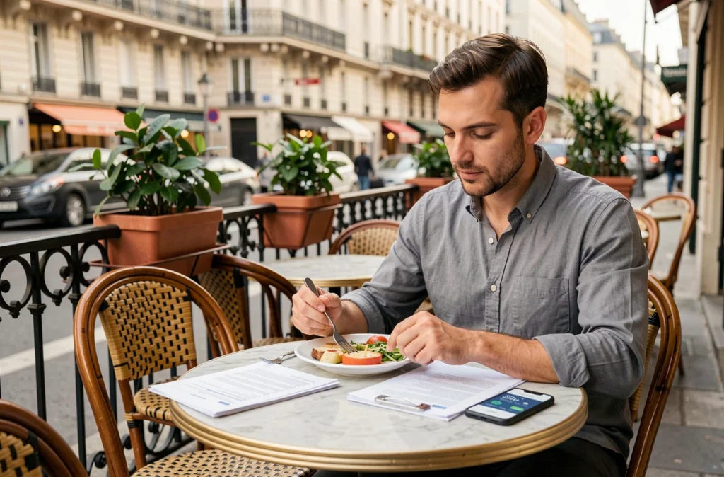 Homme d'affaires consultant ses documents de frais professionnels de repas à la terrasse d'un café en ville