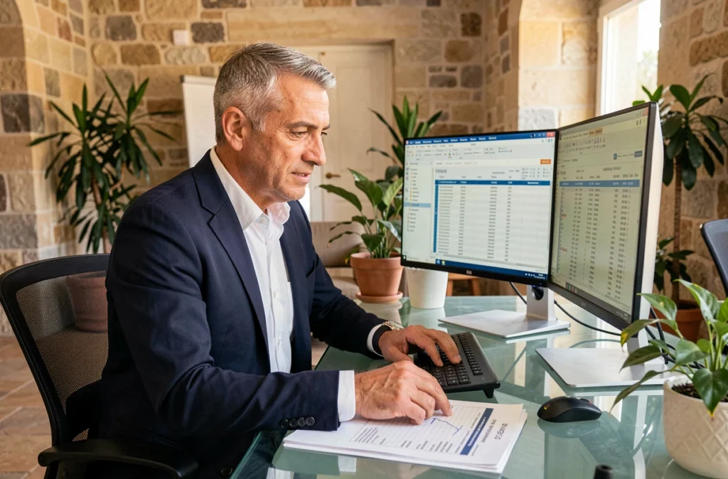 François Etienne Pedinielli, conseiller financier, analysant des taux de prêt immobilier sur ordinateur