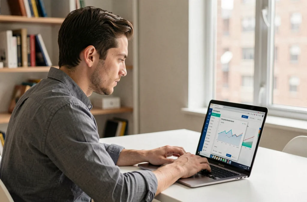Un jeune professionnel utilise la plateforme en ligne Pretto pour simuler un crédit immobilier depuis son bureau à domicile