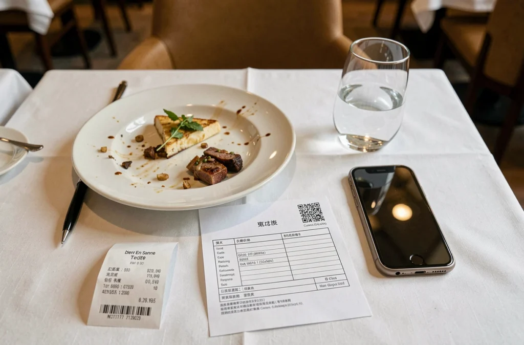 Vue de dessus d'un reçu de repas d'affaires et formulaire de note de frais sur une table de restaurant pour la déclaration fiscale 2026