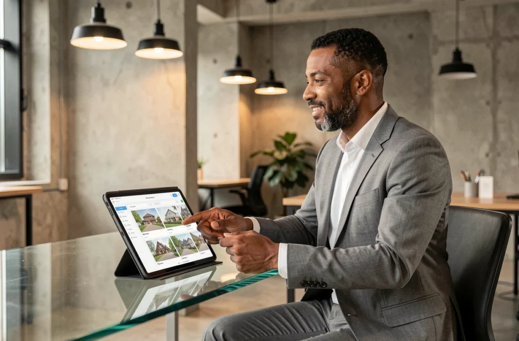 Salim Dellal, conseiller indépendant en investissement locatif, présentant un portefeuille immobilier sur tablette dans un espace moderne