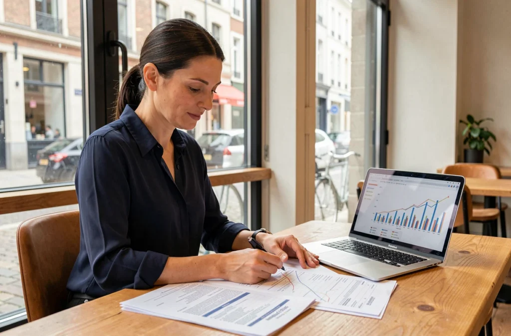 Sandra, conseillère MesFinancesPrécieuses Lille, travaillant sur des projections financières pour un investissement locatif dans un espace de travail moderne