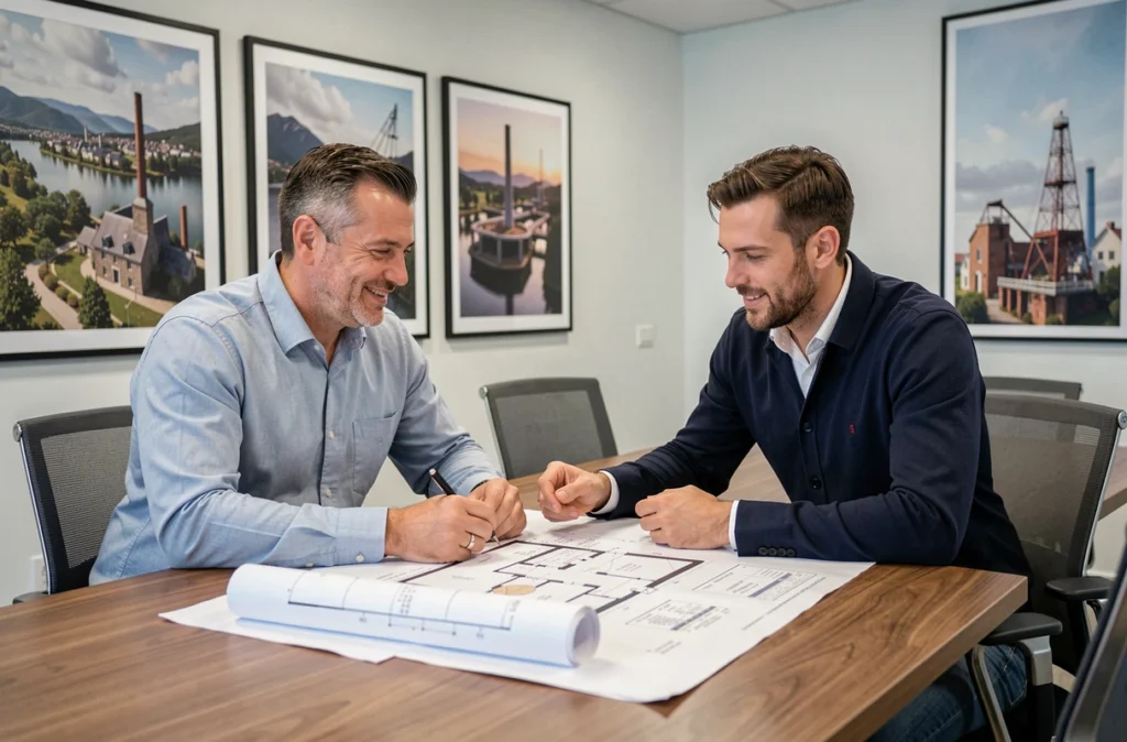 Experts de Sillage Experts étudiant des plans et projections financières pour un conseil en investissement locatif dans les Hauts-de-France