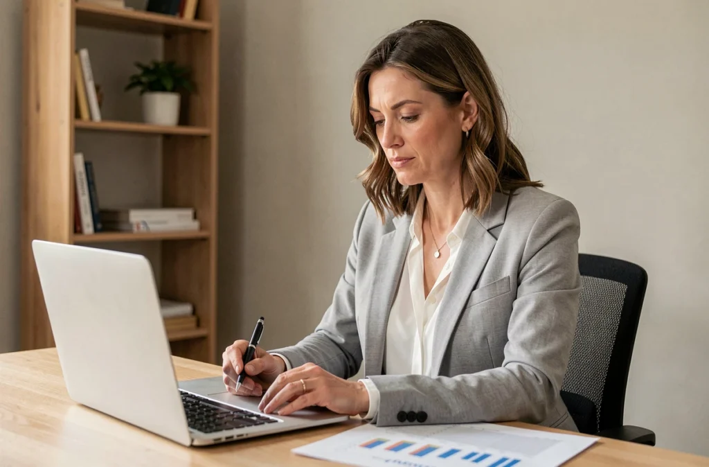 Une femme calcule la rentabilité d'un emprunt pour financer des parts de SCPI depuis son bureau à domicile