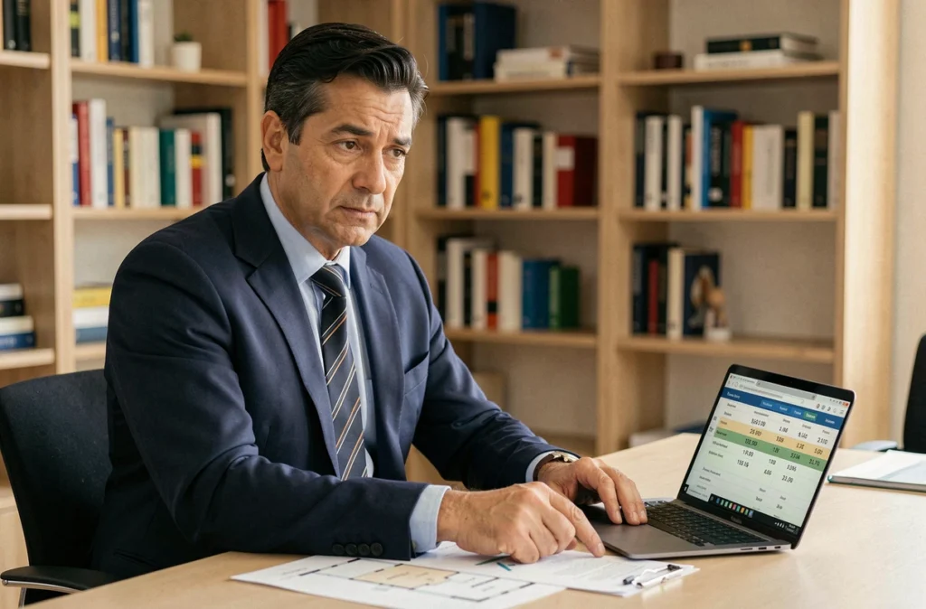 Joseph Valliccioni, conseiller en prêt immobilier, consultant des dossiers dans son bureau corse