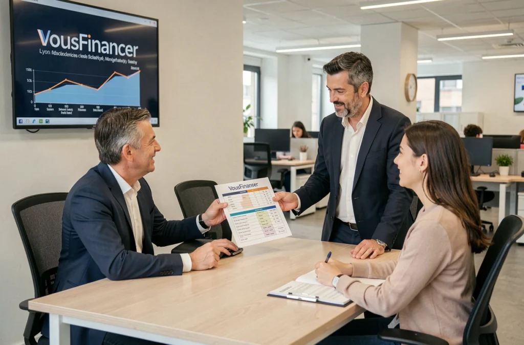 Conseiller VousFinancer Lyon présentant une comparaison de prêts immobiliers à un couple dans une agence moderne