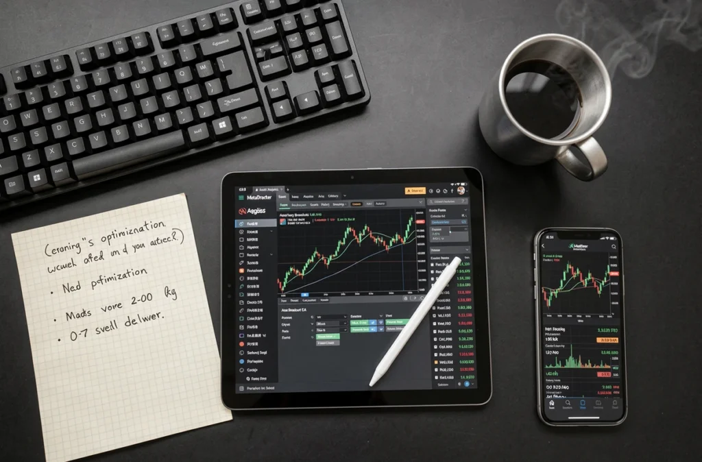 Vue aérienne d'un bureau de trading minimaliste avec interface MetaTrader et notes manuscrites sur les paramètres d'un EA forex