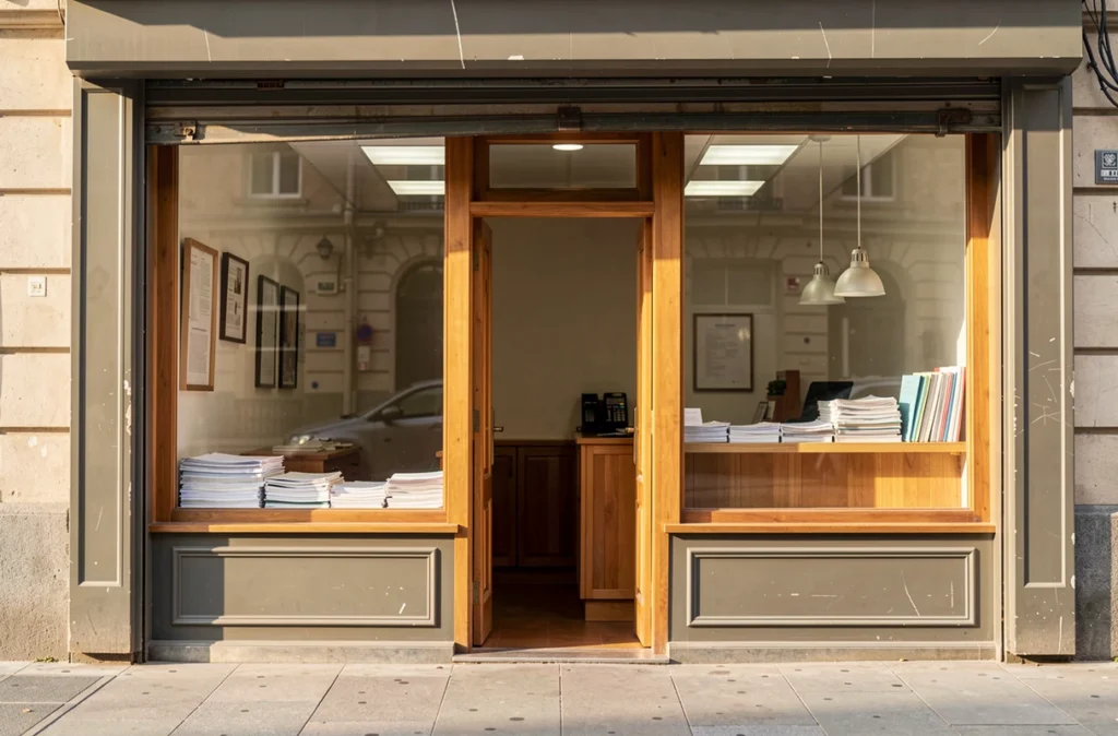 Local commercial fermé avec des dossiers empilés sur le comptoir