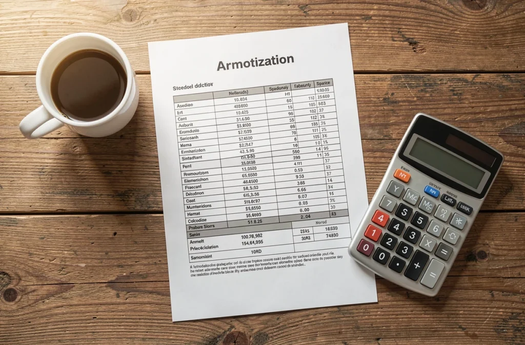 Tableau de remboursement et calculatrice posés sur un bureau