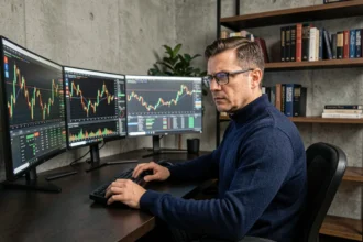 Trader professionnel analysant les paramètres d'un Expert Advisor forex sur plusieurs écrans dans un bureau à domicile moderne